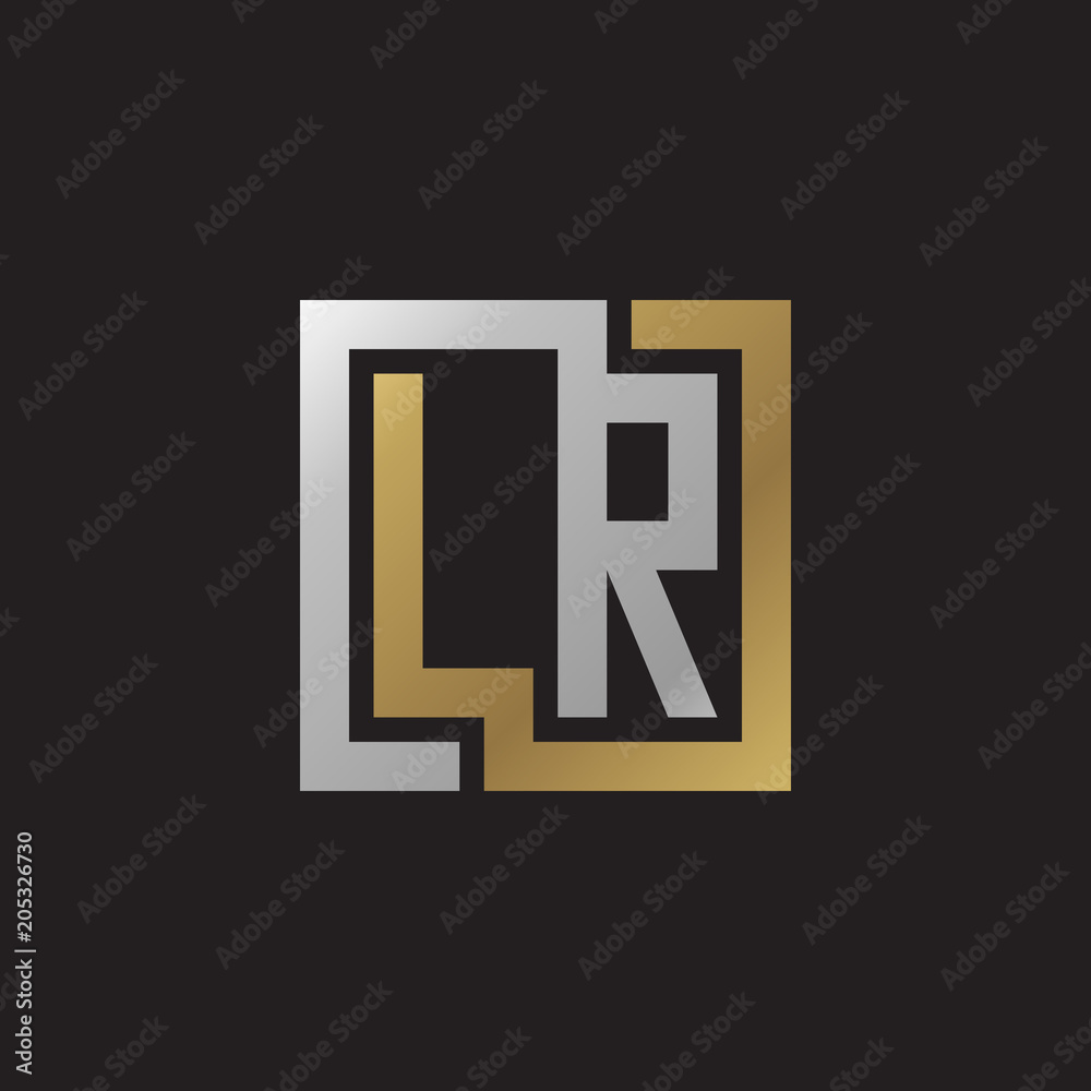 Initial letter LR, looping line, square shape logo, silver gold color on black background Initial letter LR, looping line, square shape logo, silver gold color on black background