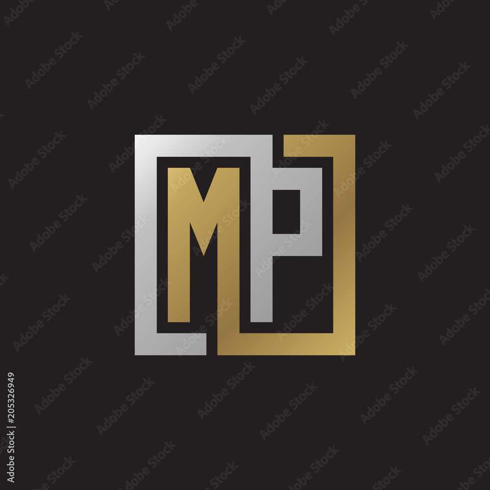 Initial letter MP, looping line, square shape logo, silver gold color on black background Initial letter MP, looping line, square shape logo, silver gold color on black background
