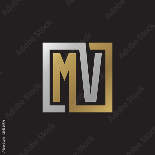 Initial letter MV, looping line, square shape logo, silver gold color on black background