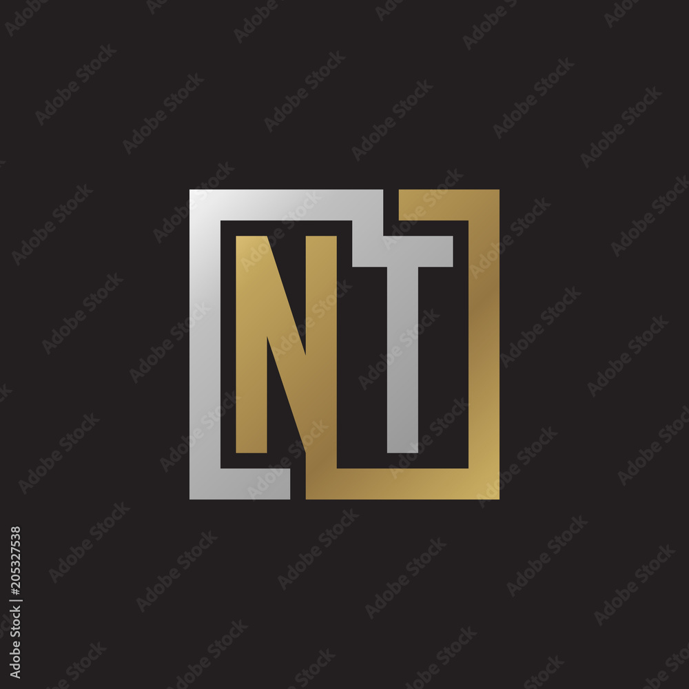 Initial letter NT, looping line, square shape logo, silver gold color on black background Initial letter NT, looping line, square shape logo, silver gold color on black background