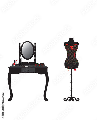 Corset on mannequin and dressing table with makeup, vector