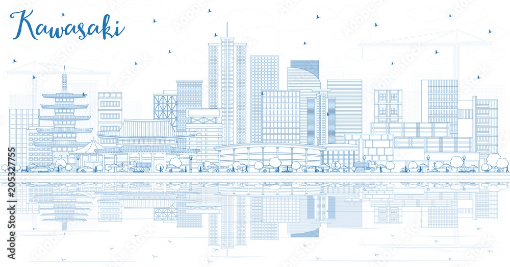 Outline Kawasaki Japan City Skyline with Blue Buildings and Reflections.