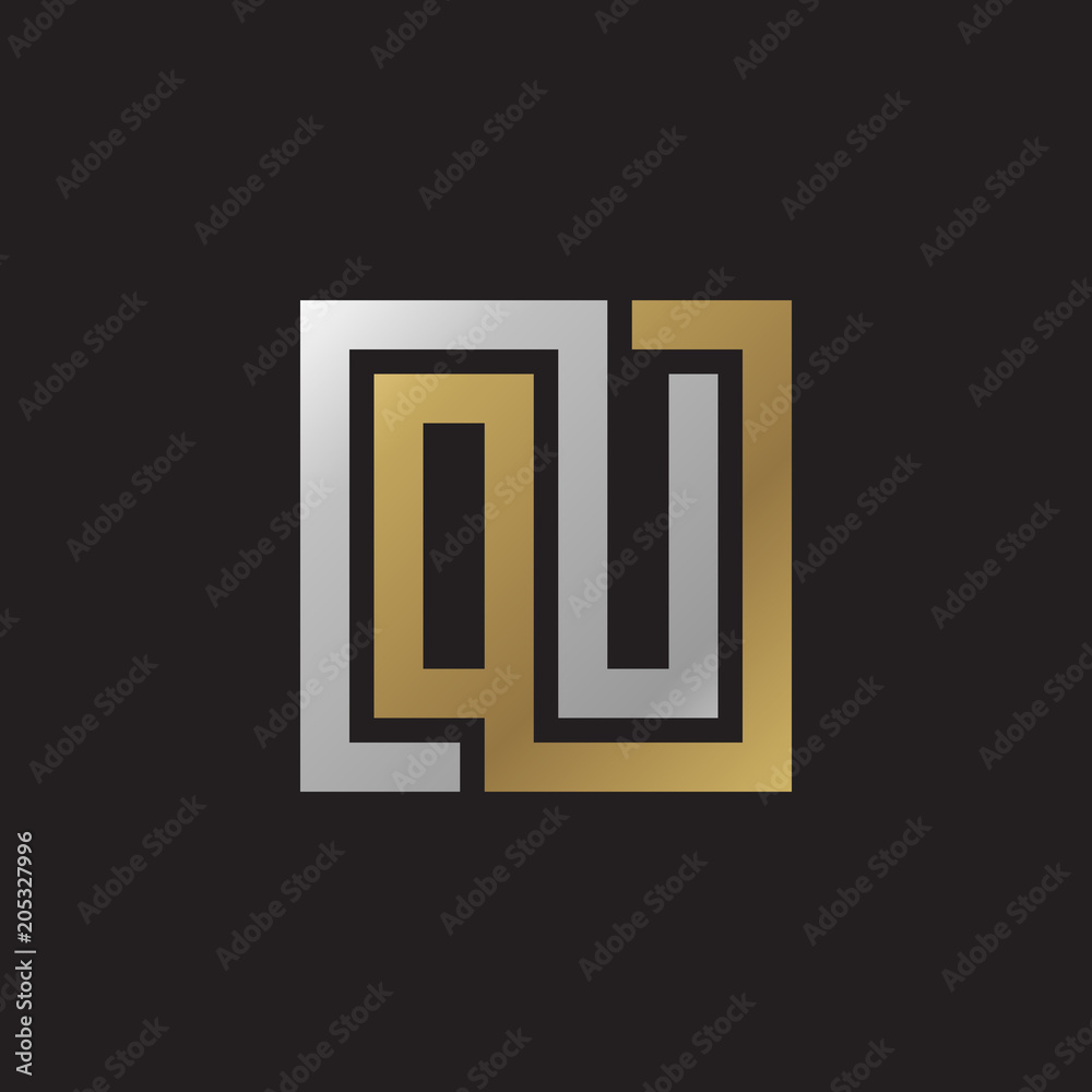 Initial letter OU, looping line, square shape logo, silver gold color on black background Initial letter OU, looping line, square shape logo, silver gold color on black background