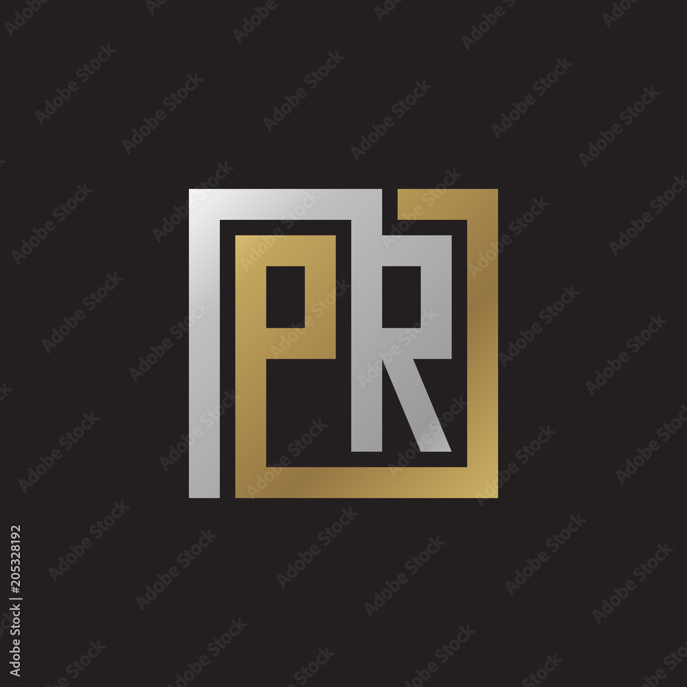 Initial letter PR, looping line, square shape logo, silver gold color on black background Initial letter PR, looping line, square shape logo, silver gold color on black background