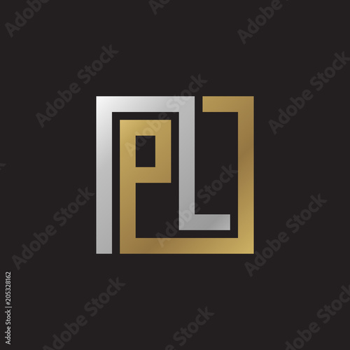 Initial letter PL, looping line, square shape logo, silver gold color on black background