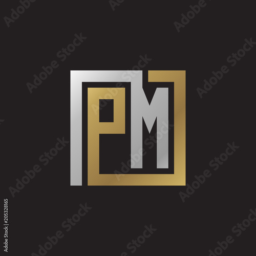 Initial letter PM, looping line, square shape logo, silver gold color on black background
