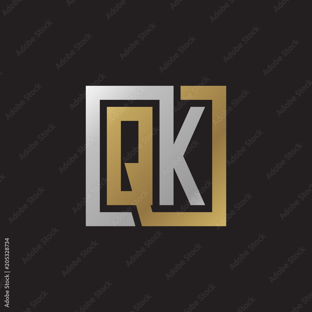 Initial letter QK, looping line, square shape logo, silver gold color on black background Initial letter QK, looping line, square shape logo, silver gold color on black background
