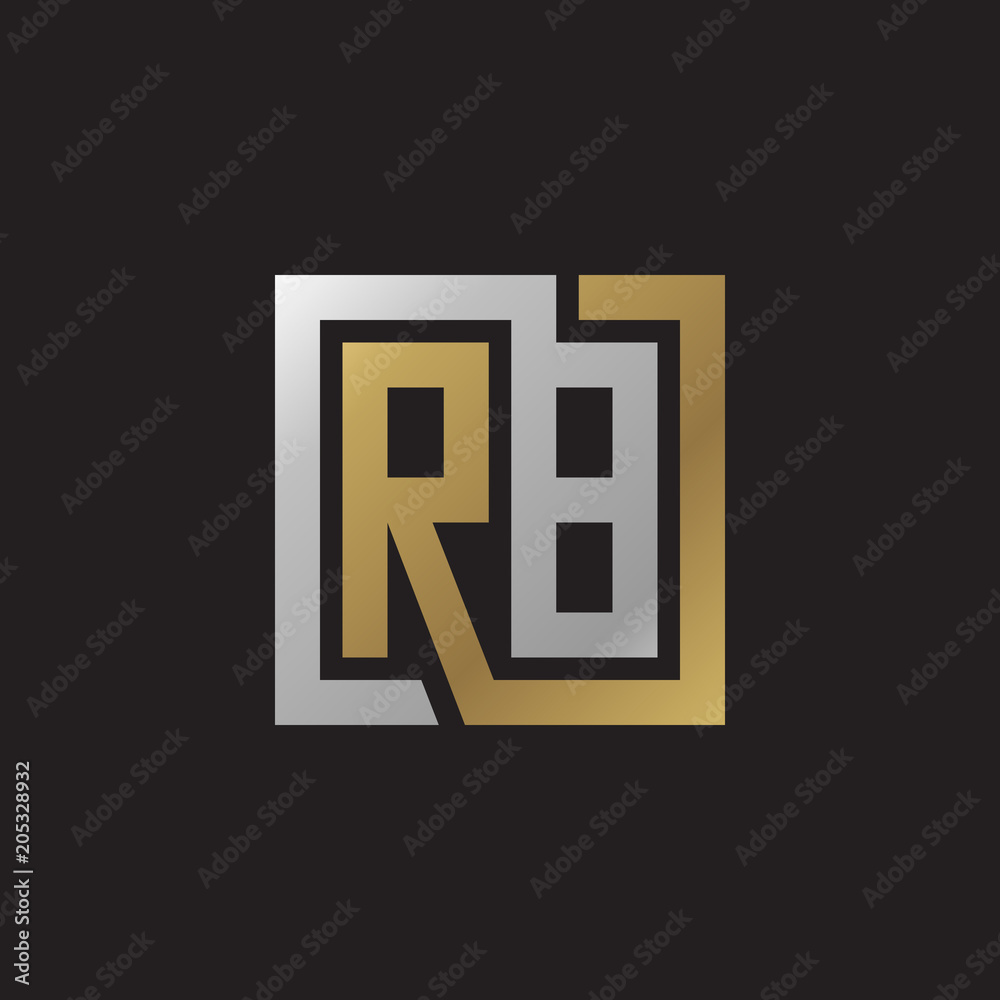 Initial letter RB, looping line, square shape logo, silver gold color on black background Initial letter RB, looping line, square shape logo, silver gold color on black background