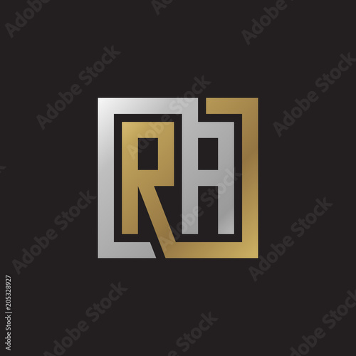 Initial letter RA, looping line, square shape logo, silver gold color on black background