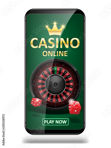 Online Internet casino marketing banner. phone app with dice, poker and roulette wheel. Playing Web poker and gambling casino games. Vector illustration