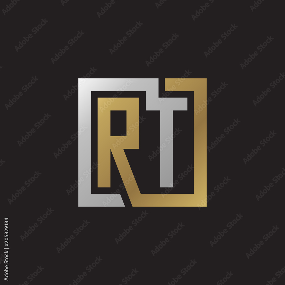 Initial letter RT, looping line, square shape logo, silver gold color on black background Initial letter RT, looping line, square shape logo, silver gold color on black background