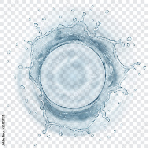 Top view of translucent water crown with drops in gray colors, isolated on transparent background. Transparency only in vector format