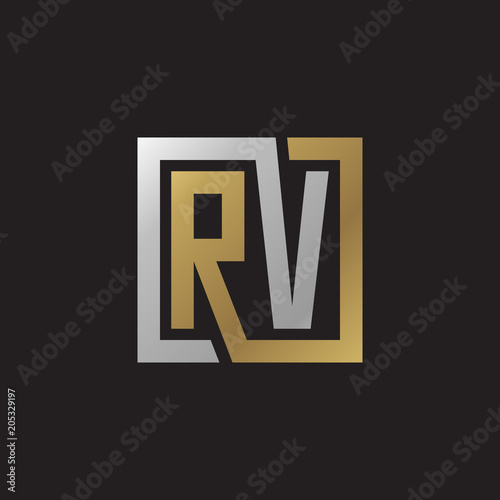 Initial letter RV, looping line, square shape logo, silver gold color on black background