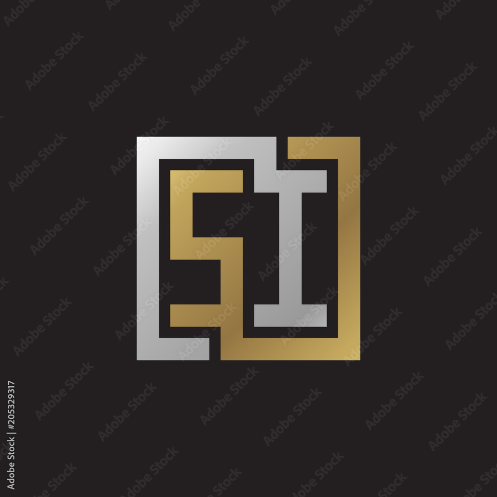 Initial letter SI, looping line, square shape logo, silver gold color on black background Initial letter SI, looping line, square shape logo, silver gold color on black background