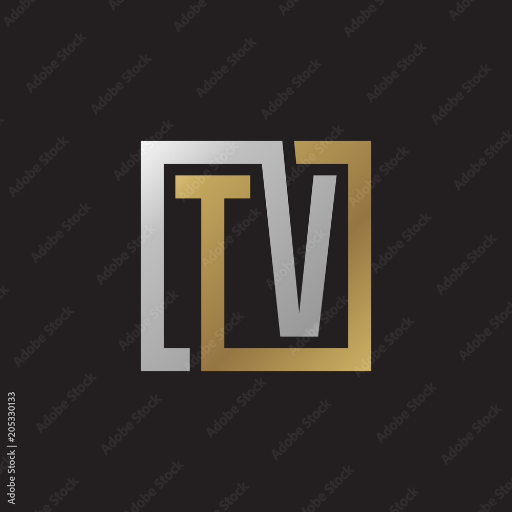 Initial letter TV, looping line, square shape logo, silver gold color on black background Initial letter TV, looping line, square shape logo, silver gold color on black background
