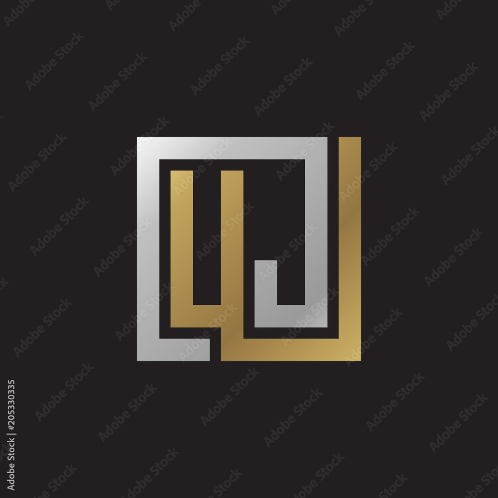 Initial letter UJ, looping line, square shape logo, silver gold color on black background Initial letter UJ, looping line, square shape logo, silver gold color on black background