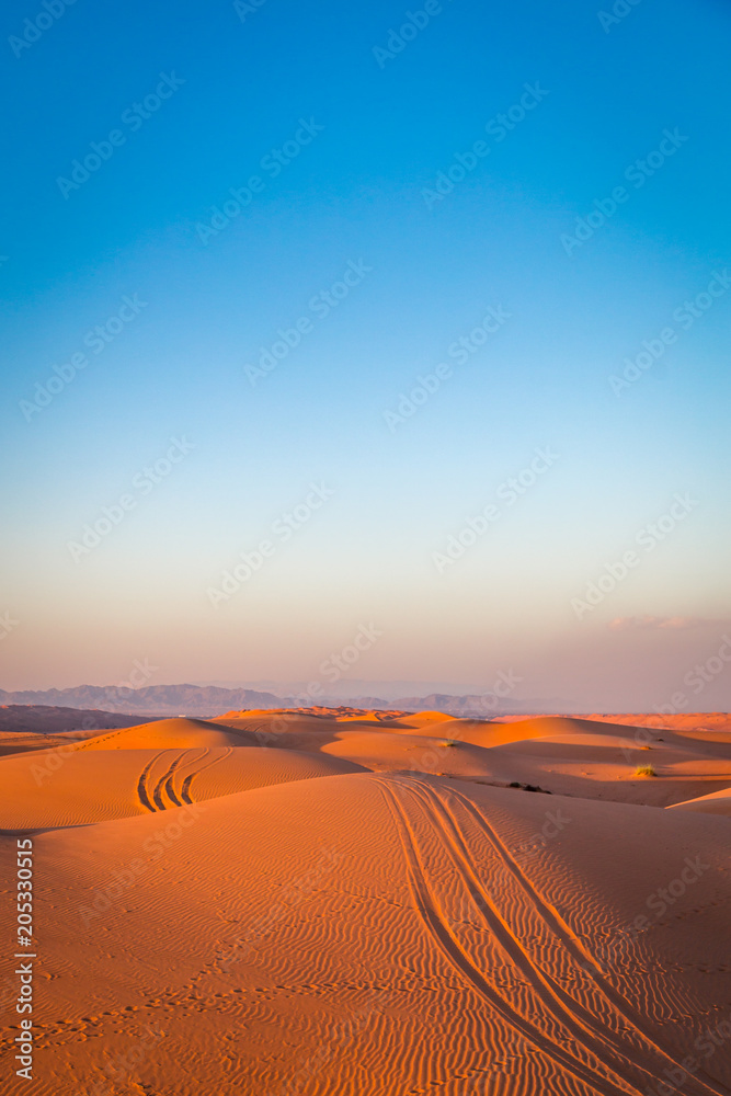 Tracks on the sand dunes, in the desert by Al Wasil, Oman.