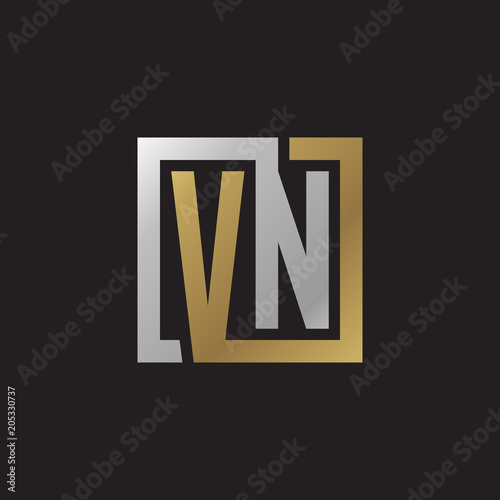 Initial letter VN, looping line, square shape logo, silver gold color on black background