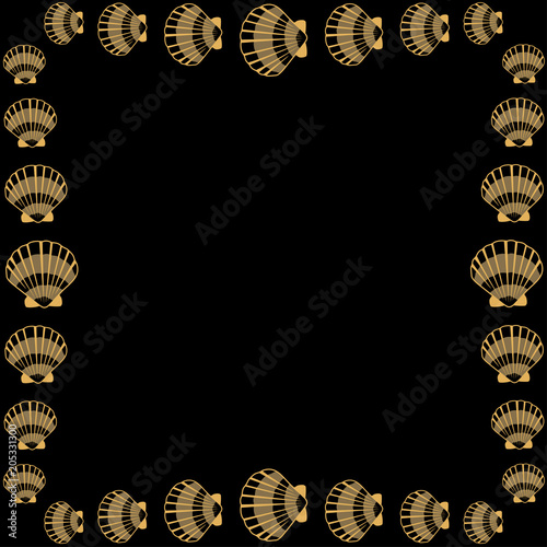 Gold seashell vector graphics, pearl bivalved mollusks illustration. Cute scallop, bivalve pearl shell, marine mollusk isolated wild life-nature background. Minimal sea shell vector.