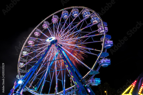 July 18, 2017 VENTURA CALIFORNIA - Illuminated ferris wheel with neon lights at the Ventura County Fair, Ventura, California