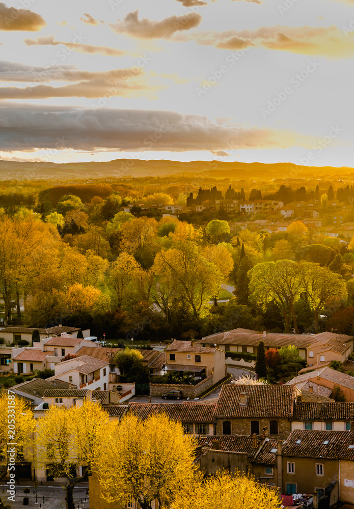 Carcassonne supurban in autumn colours at golden hours sunlingt