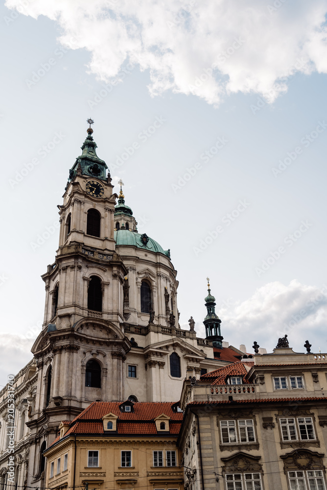 Low angle view of St Nicholas Bell Tower in Prague