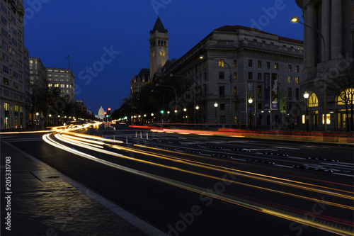 WASHINGTON D.C. - Pennsylvania Ave to US Capitol withStreaked lights going towards US Capitol in Washington DC. during rush hour PM