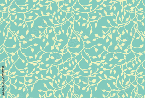 Yellow green vines on blue background in a climbing ivy vector design that is hand drawn in a cute elegant pattern.The colors can be changed.