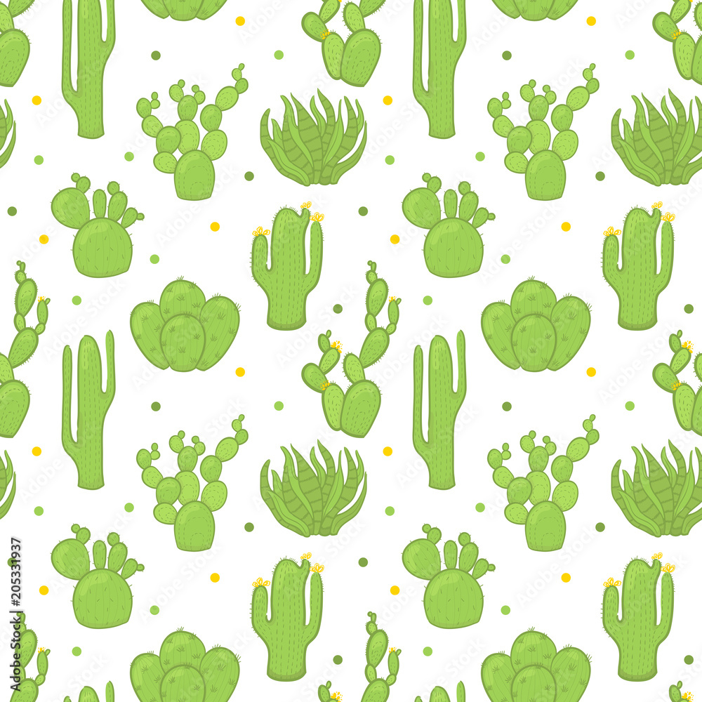 Vector seamless trendy pattern with different cactuses. On a white background. Vector seamless trendy pattern with different cactuses. On a white background.