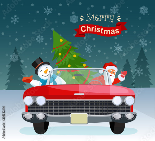 Merry christmas stylized typography. Vintage red cabriolet with santa claus, christmas tree and snowman. Vector flat style illustration