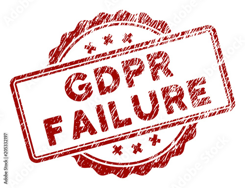 GDPR Failure rubber stamp seal. Vector element with distress design and corroded texture in red color. Designed for overlay watermarks and distressed seal imprints.
