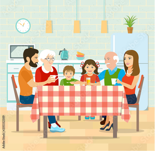 Smiling big family having dinner in kitchen. Vector flat style illustration
