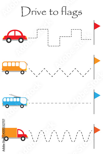 Drive transport to flags, handwriting practice sheet, kids preschool activity, educational children game, printable worksheet, writing training, vector illustration