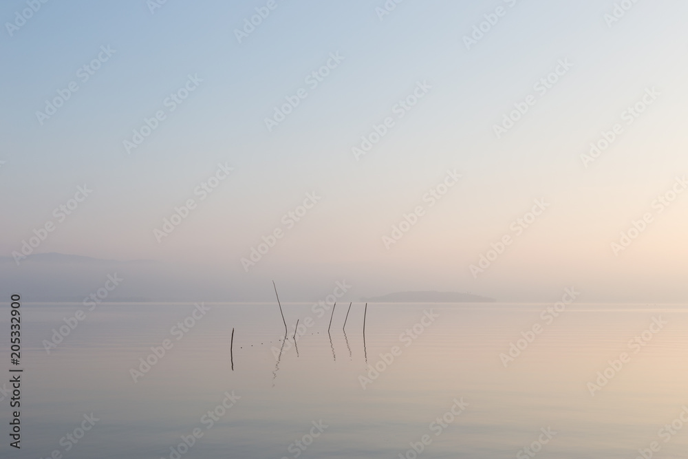 A very minimalistic view of a lake at dawn, with soft light, war