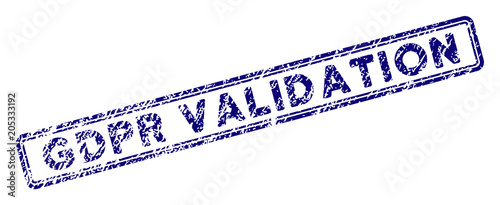GDPR Validation rectangle stamp seal. Vector element with grainy design and scratched texture in blue color. Designed for overlay watermarks and grunge textured rubber seal imitations.