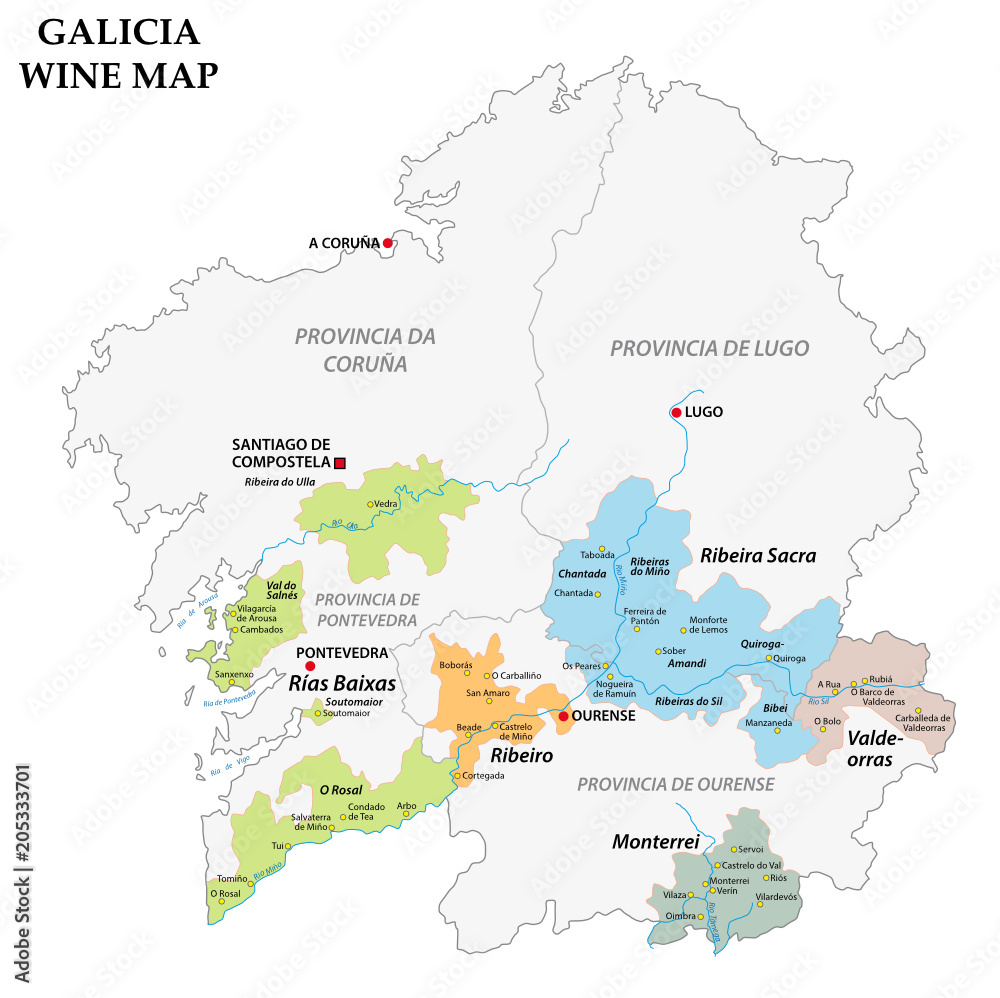 Galicia, Spain, vector map of the vineyards