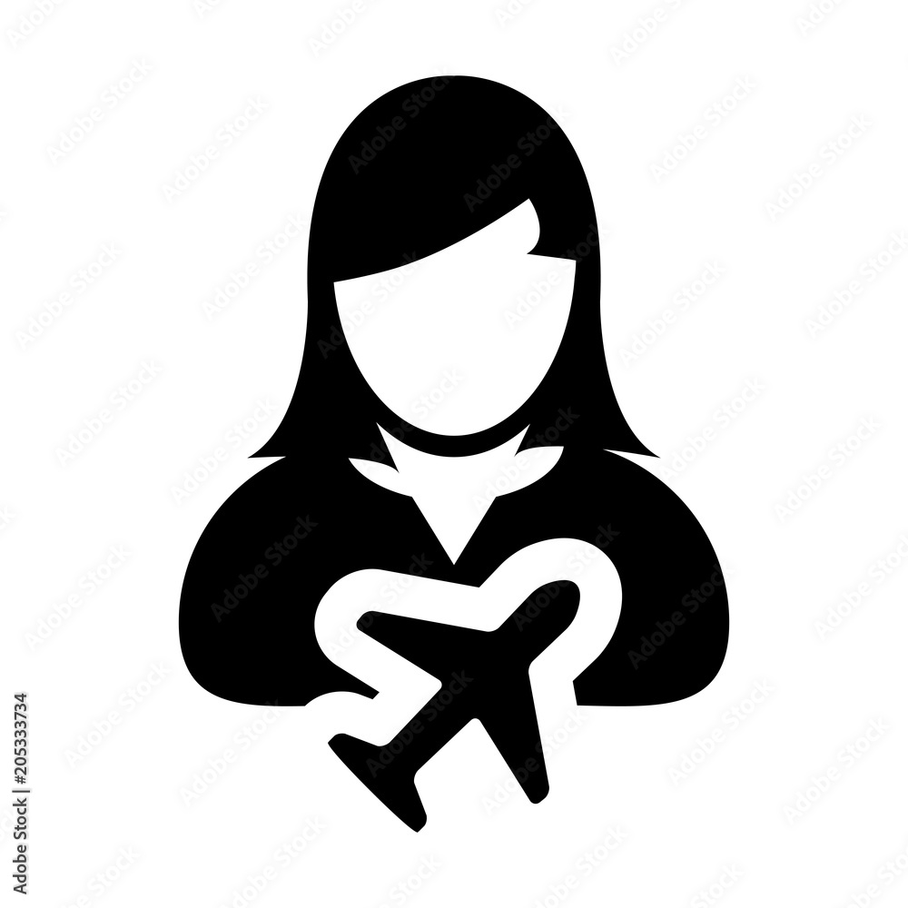 Airplane icon vector female user person profile avatar symbol for transportation in flat color glyph pictogram illustration Airplane icon vector female user person profile avatar symbol for transportation in flat color glyph pictogram illustration