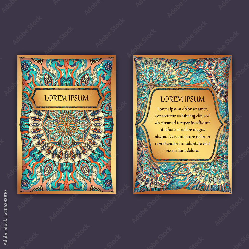 Vintage cards with floral mandala pattern and ornaments. Front page and back page. Luxury design.