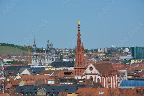 Aerial view on Wuerzburg with the Marien chapel on a sunny day