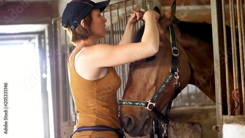 Young girl grooming horse and making braids from mane. in a stable the girl takes care of the brown horse photo