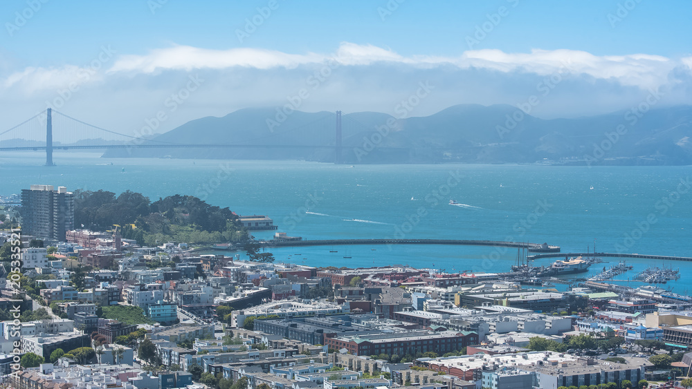 San Francisco, the Embarcadero with the marina, and the Golden Gate Bridge in background, panorama
