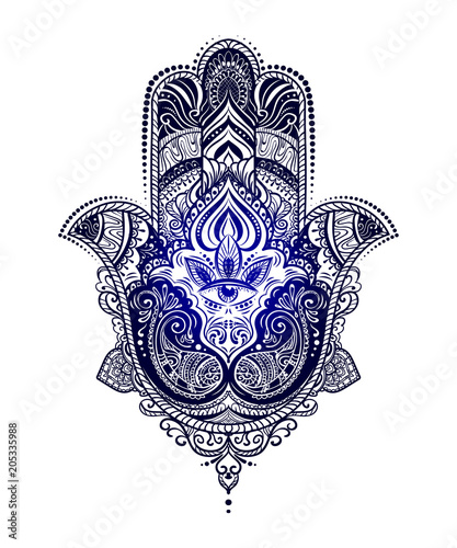 Hand drawn Ornate amulet Hamsa Hand of Fatima. Ethnic amulet common in Indian, Arabic and Jewish cultures.