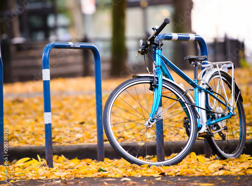 Blue bicycle is parked on the city street with autumn fallen yellow leaves