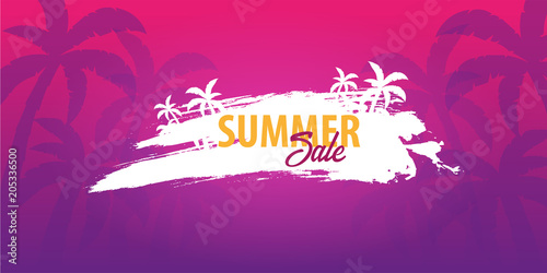 Summer tropical background with palms and sunset. Summer placard poster flyer invitation card. Summer time. Vector Illustration