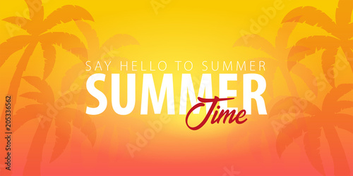 Summer Time tropical background with palms and sunset. Summer placard poster flyer invitation card. Summer time. Vector