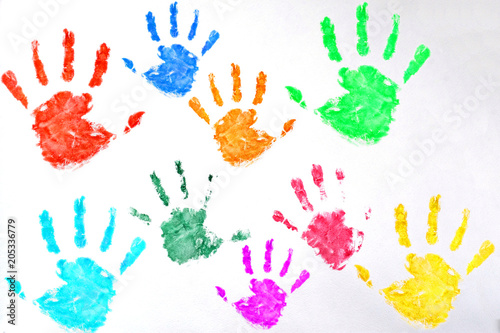 Kids colored hand print on white background