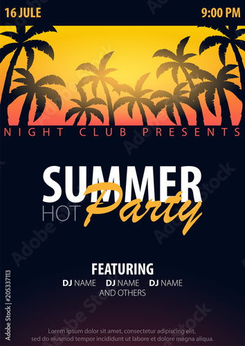 Summer Party backgrounds with palms. Summer placard poster flyer invitation card. Summer time. Vector Illustration