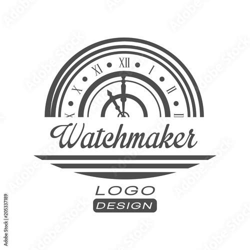 Watchmaker logo design, monochrome vintage clock repair service emblem vector Illustration on a white background