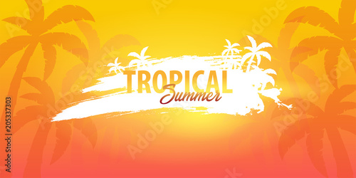 Summer tropical background with palms and sunset. Summer placard poster flyer invitation card. Summer time. Vector Illustration