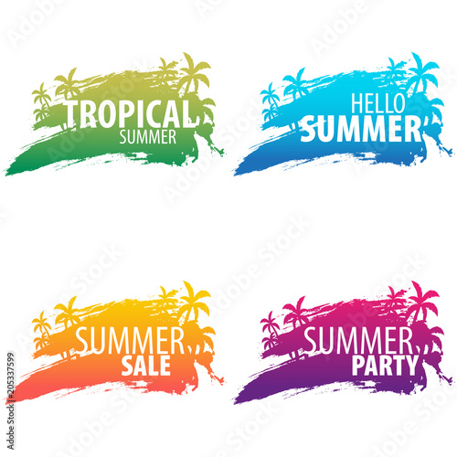 Summer tropical backgrounds set with palms and sunset. Summer placard poster flyer invitation card. Summer time. Vector Illustration